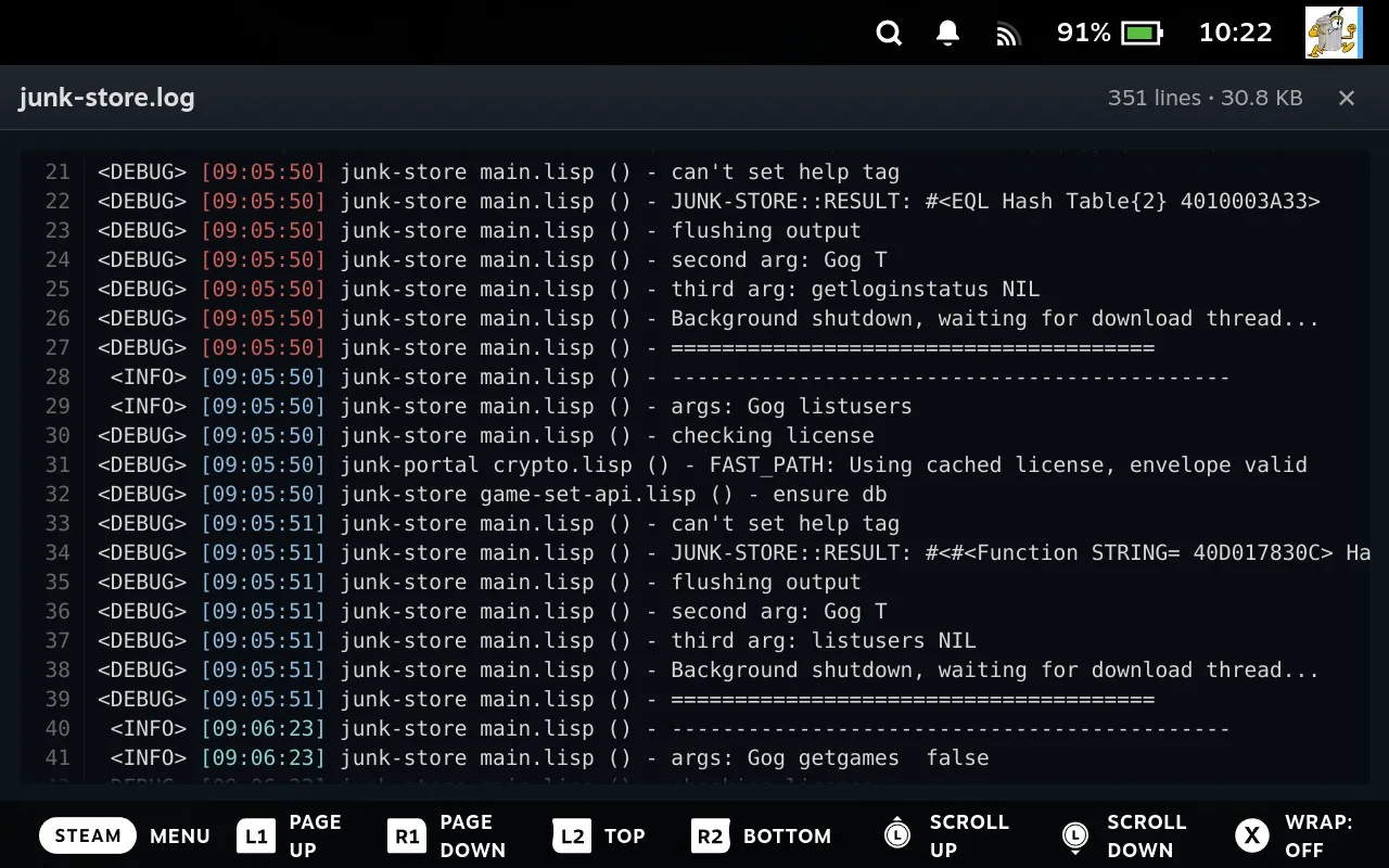 Viewing a Junk Store log file as text in the File Manager