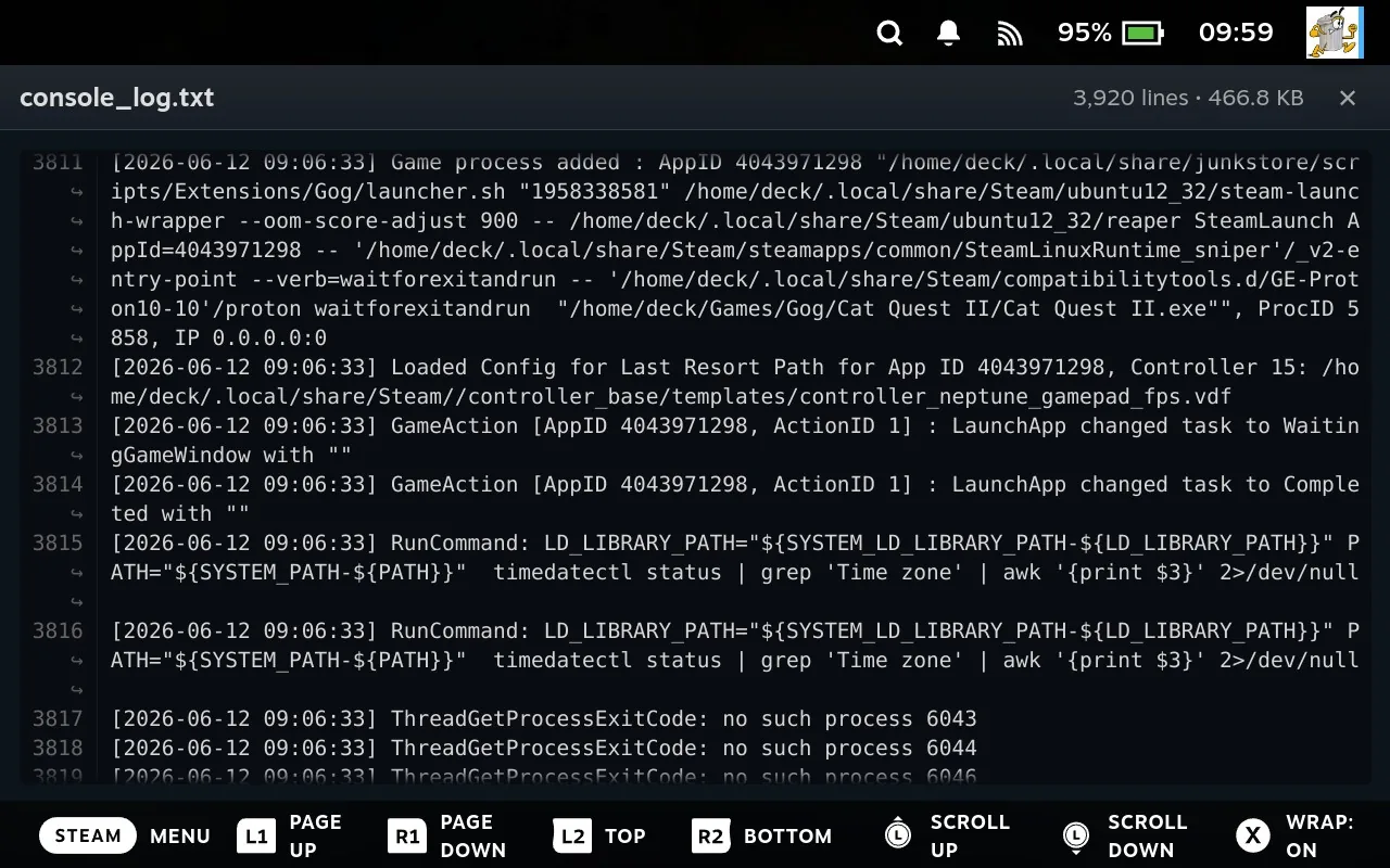 Viewing Steam's own log files as text in the File Manager
