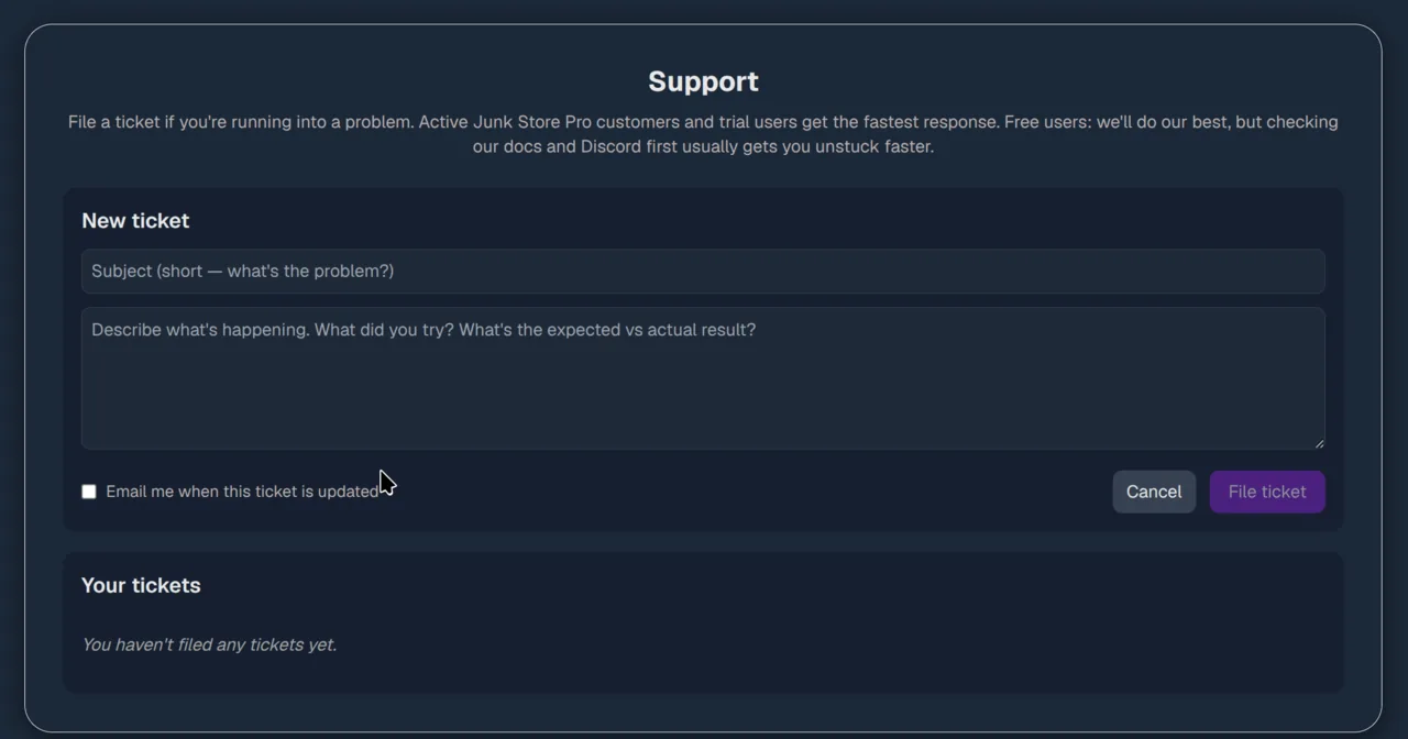 Filing a support ticket in the Junk Store portal