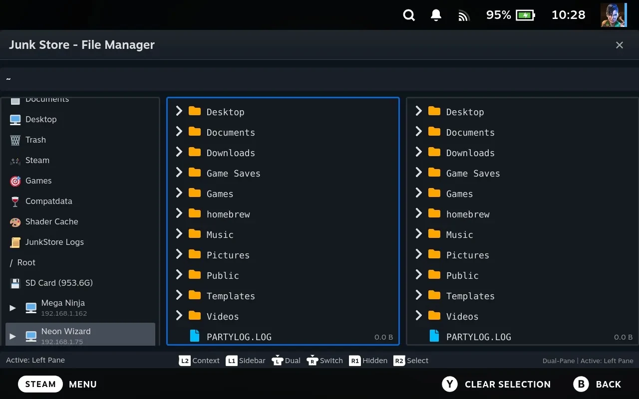 The Junk Store file manager in two pane mode, with a folder on the Steam Deck on the left and a folder on another machine over SSH on the right
