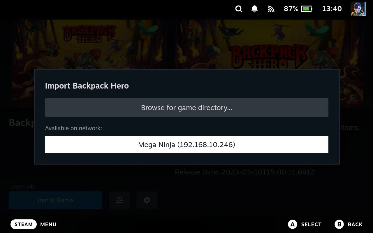 Importing a game from a local device