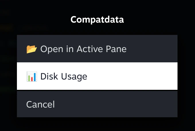 Junk Store File Manager context menu on a Compatdata folder showing Open in Active Pane, Disk Usage and Cancel, with Disk Usage highlighted