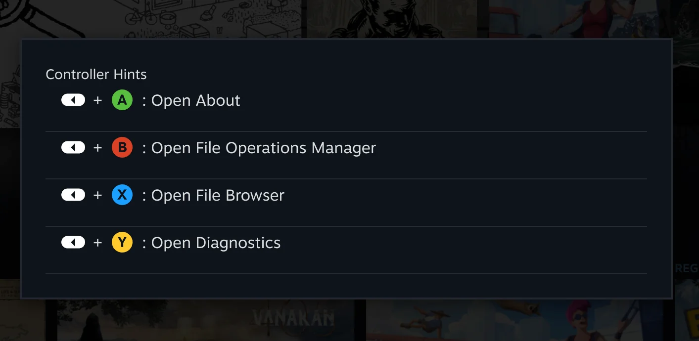 Junk Store Pro Controller Hints overlay showing the SELECT button shortcuts for Settings, File Operations, File Browser and Diagnostics