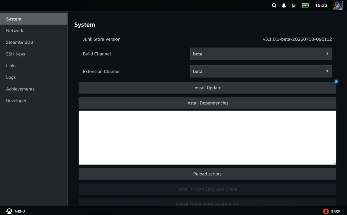 Junk Store Pro Settings System page on Steam Deck showing the Junk Store version, build and extension channels, and Install Update and Install Dependencies buttons