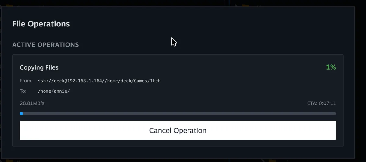 Junk Store Pro File Operations panel on Steam Deck showing an active Copying Files job at 1 percent, pulling a folder from another Junk Store device over the network at 28.81MB/s with a live ETA and a Cancel Operation button