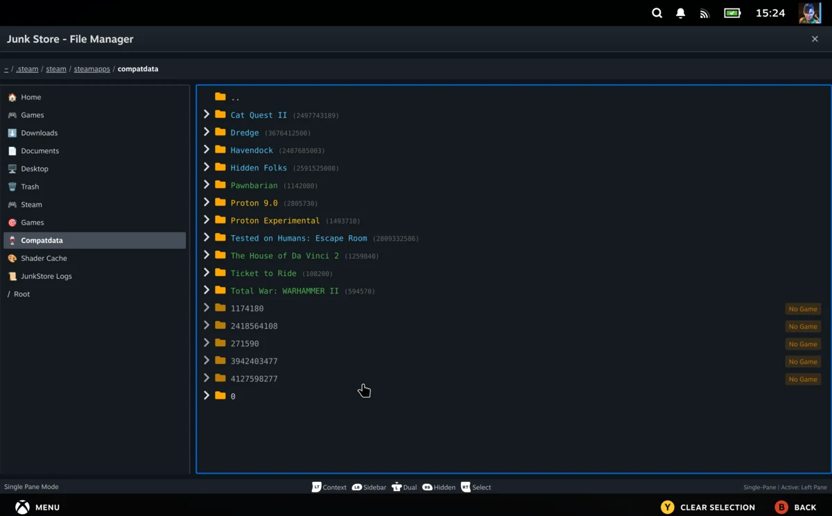 Junk Store File Manager open in Steam Deck Game Mode, browsing Steam compatdata game folders with the quick-access sidebar