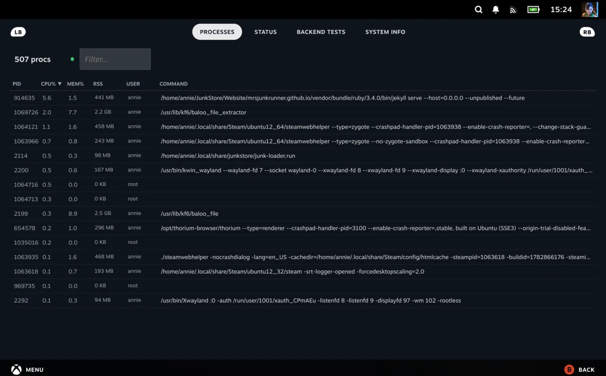Junk Store Pro Diagnostics Process Monitor on Steam Deck listing running processes with CPU, memory and RSS columns, alongside Status, Backend Tests and System Info tabs