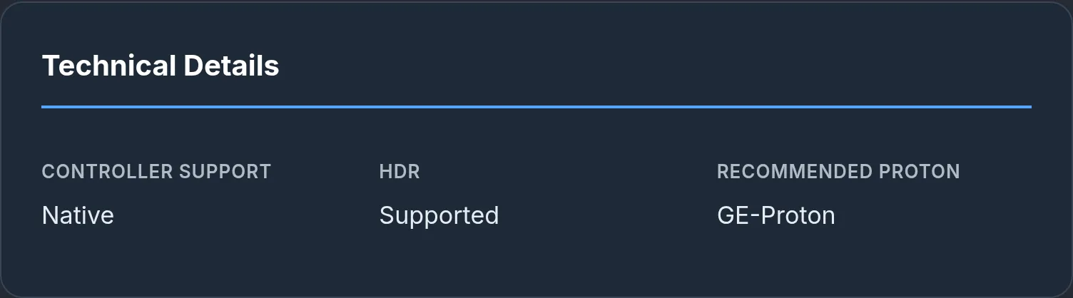Technical Details grid showing controller support, HDR, recommended Proton version and more