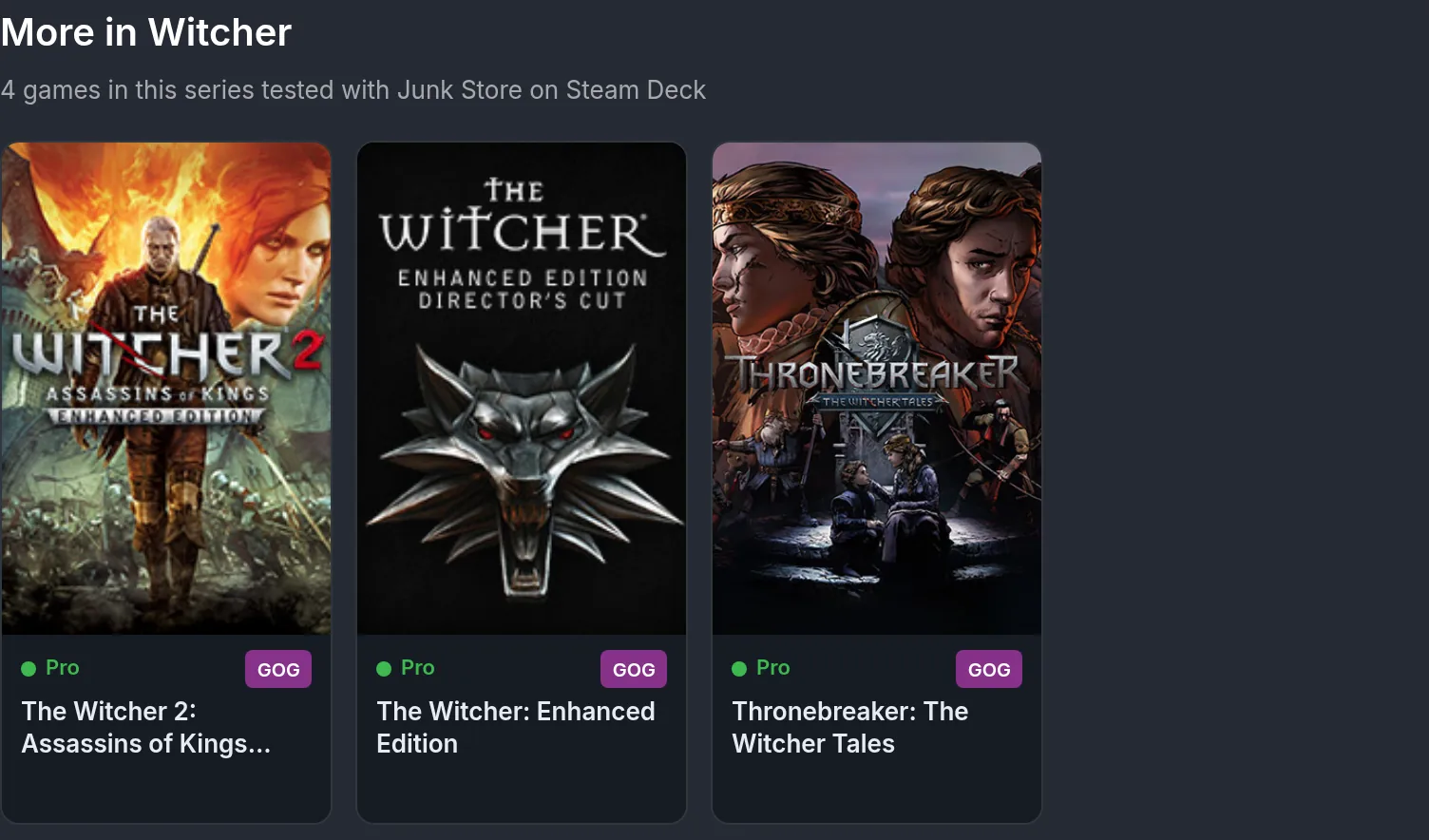 Related games cards showing other tested Witcher series games