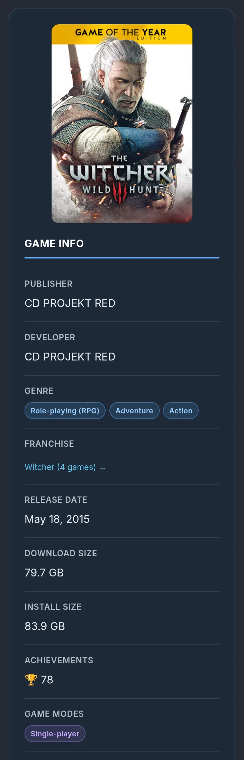 Sidebar top: cover art, publisher, developer, genre, franchise, release date, download and install size, achievements and game modes