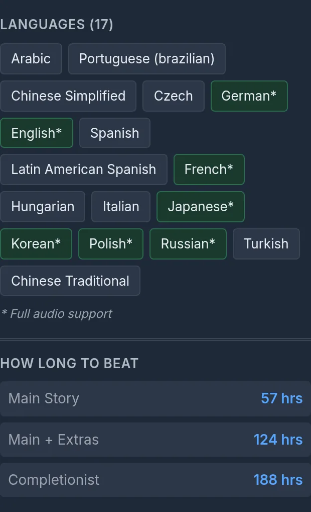 Sidebar languages list with full-audio stars, plus How Long to Beat times
