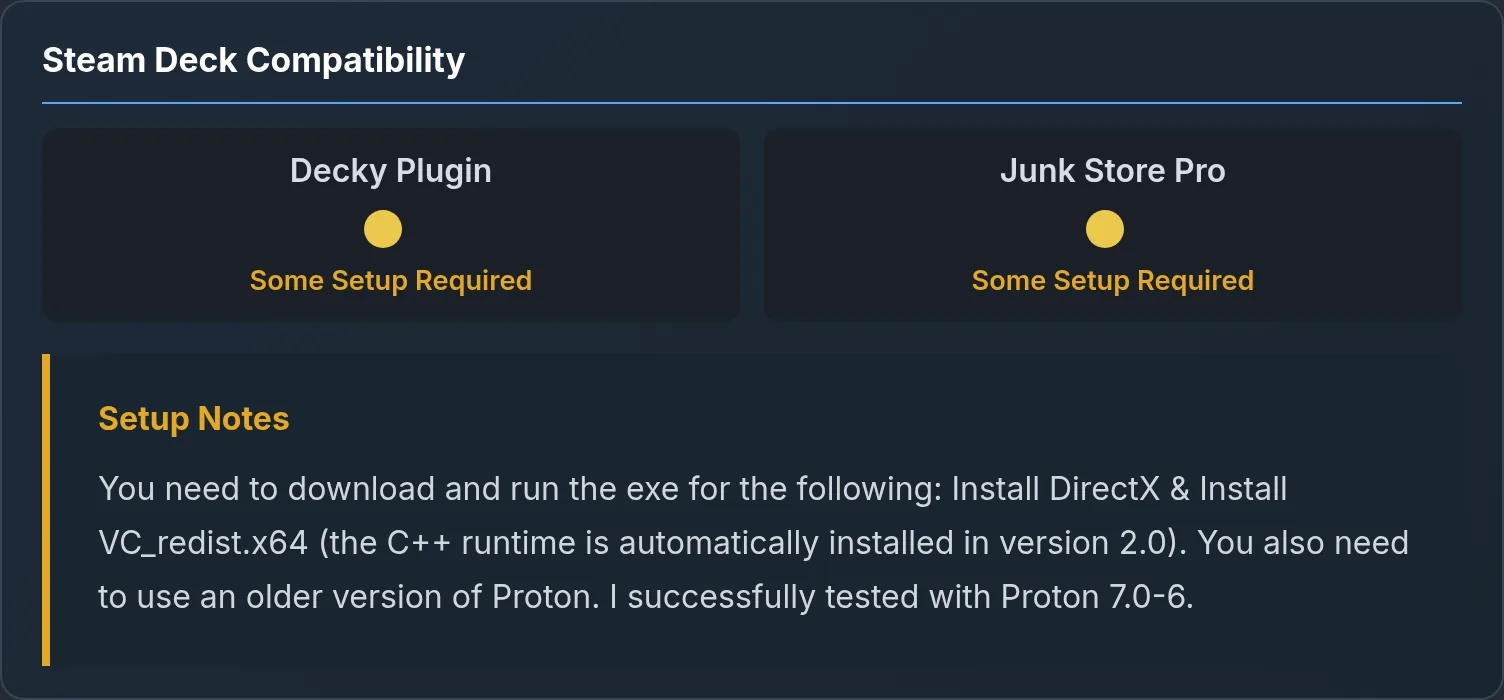 Alan Wake compatibility card showing yellow Some Setup Required ratings with a setup notes box beneath