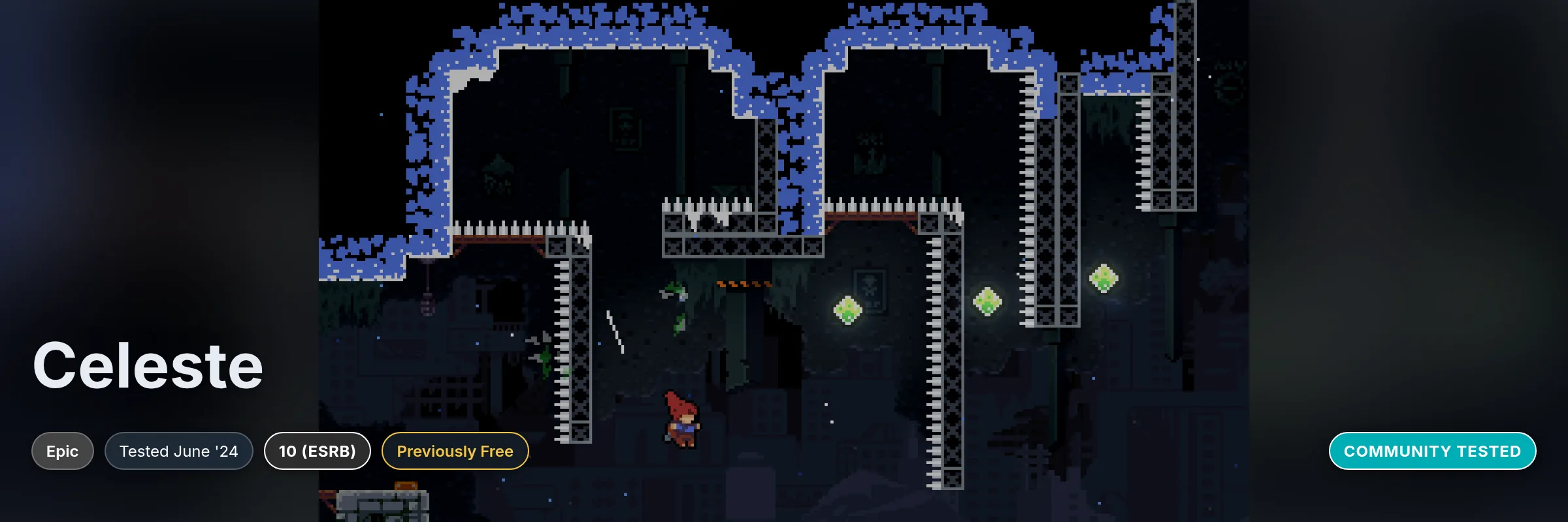 Celeste game page top showing Previously Free and Community Tested badges in the badge row