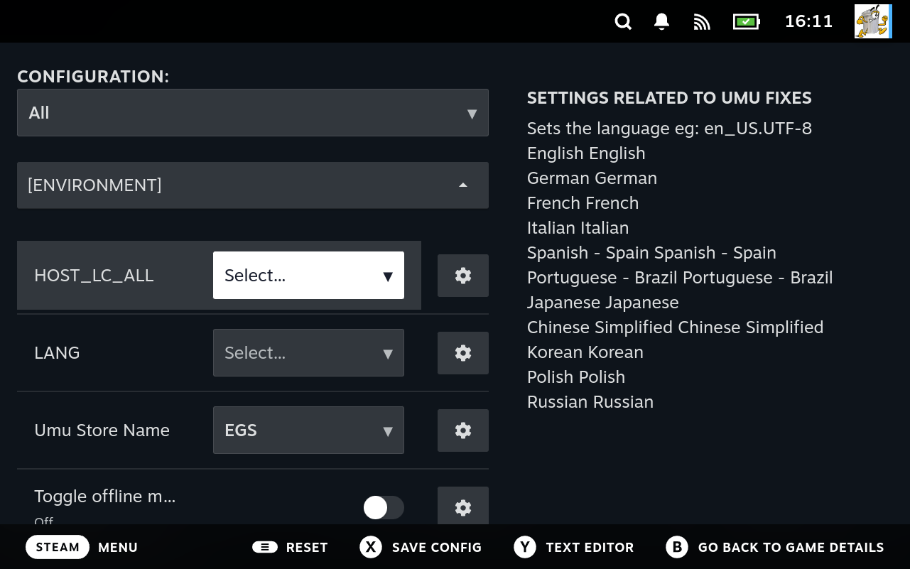 A config screen with a field focused. The help panel on the right shows the section heading in capitals, the focused field's description, and each enum choice beneath.