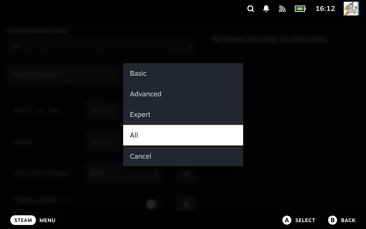 The visibility dropdown open, listing Basic, Advanced, Expert and All, with All selected.