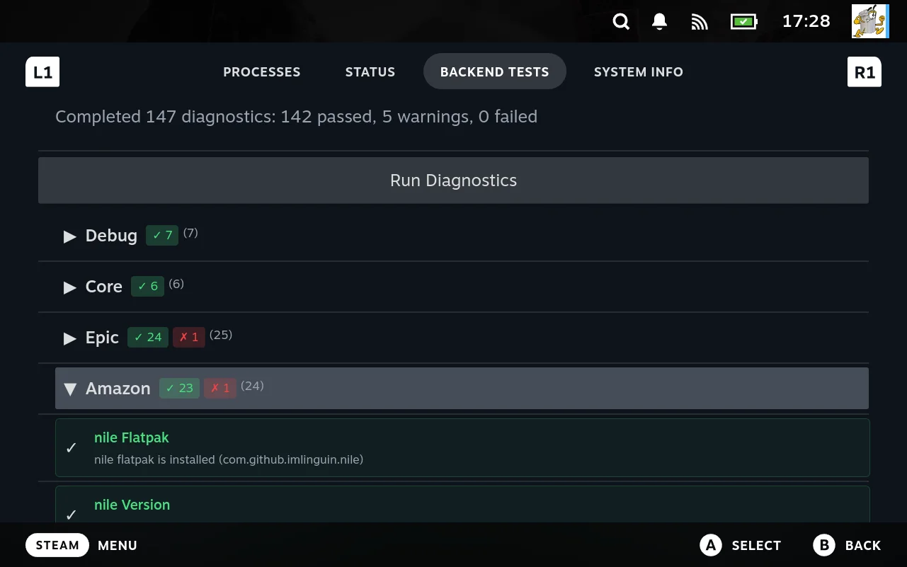 The Backend Tests tab of the diagnostics view. A summary line reads "Completed 147 diagnostics: 142 passed, 5 warnings, 0 failed", above a Run Diagnostics button and one collapsible row per extension. Amazon is expanded, showing individual checks with a pass mark, a name, and a detail line.