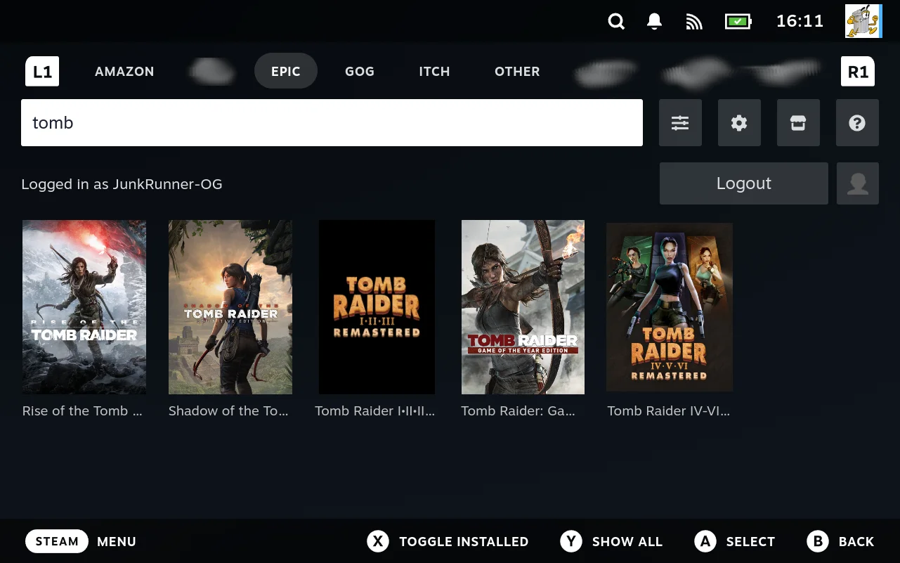 The Junk Store interface, showing the Epic tab. Each store is a tab across the top, and the grid below shows that store's games.