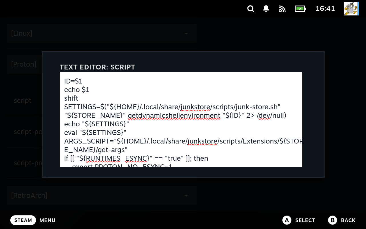 The text editor open on the Proton launcher script, showing the opening lines of the scriptlet as multi-line shell.