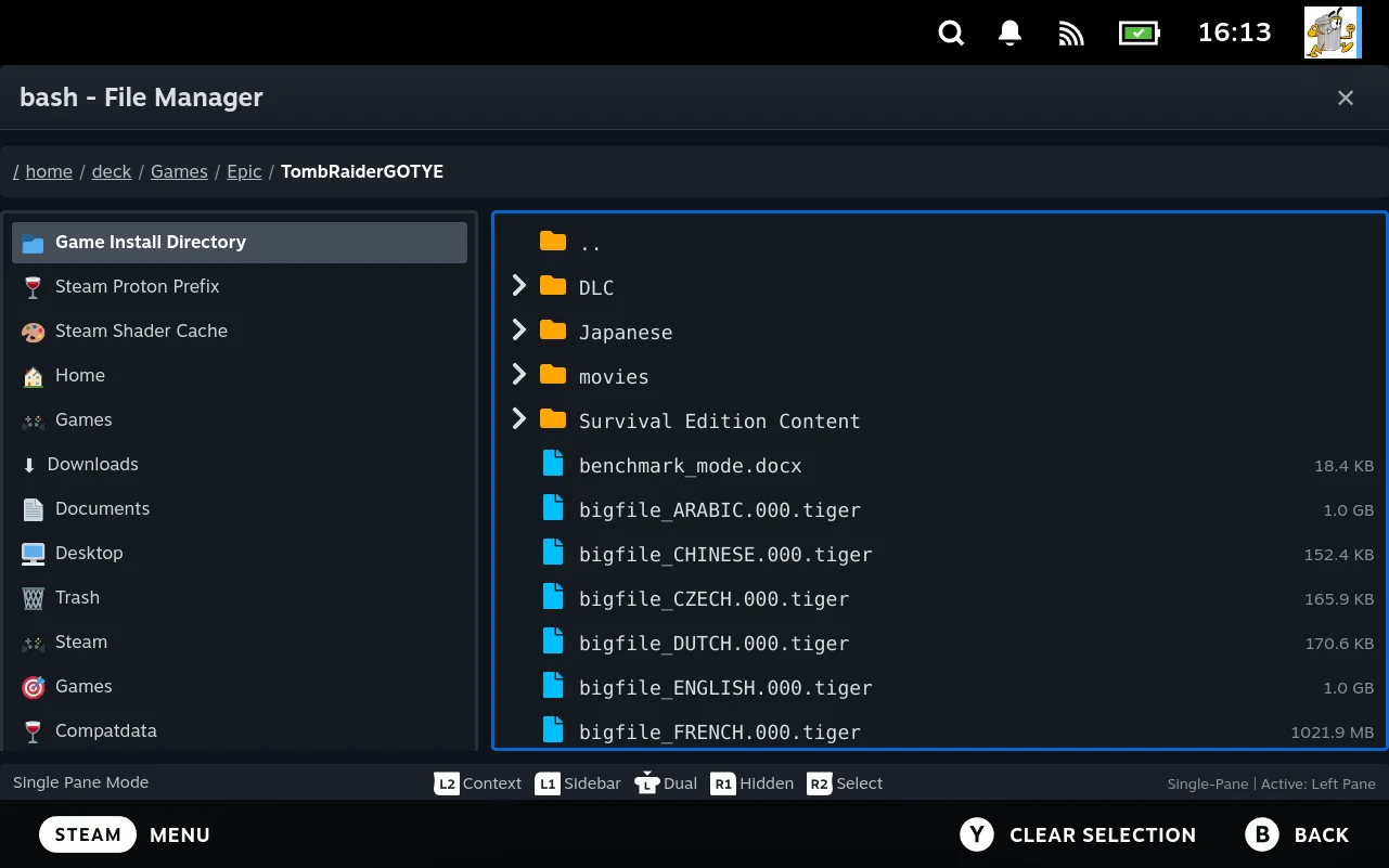 The file manager with the game's install directory, Proton prefix and shader cache in the sidebar.