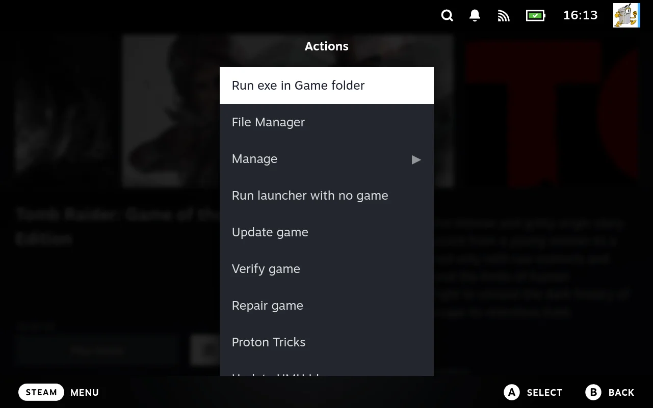 The game's actions menu, including the entry that opens the file manager.