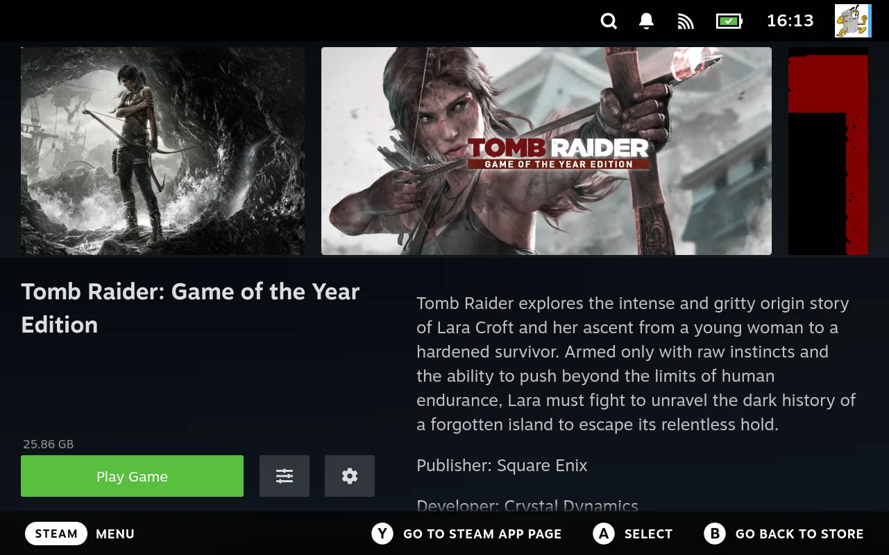 A game's detail page, with its actions and the play button.
