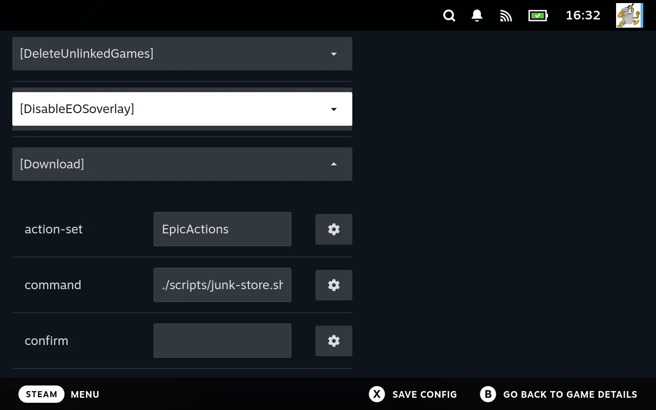 The commandmap editor, with one action opened to show its fields.