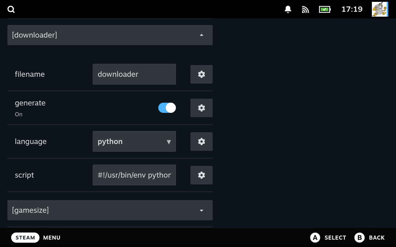 The customscripts editor with the downloader entry open, showing its filename, the generate toggle switched on, the language set to python, and the script field holding a shebang line.