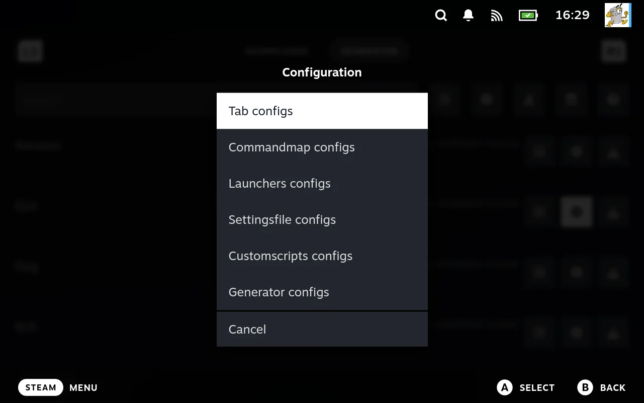 The configuration menu for an extension, listing Tab configs, Commandmap configs, Launchers configs, Settingsfile configs, Customscripts configs and Generator configs.