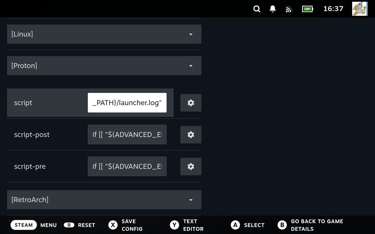 The launchers editor. Each platform is a section, with Proton opened to show its script, script-pre and script-post fields.