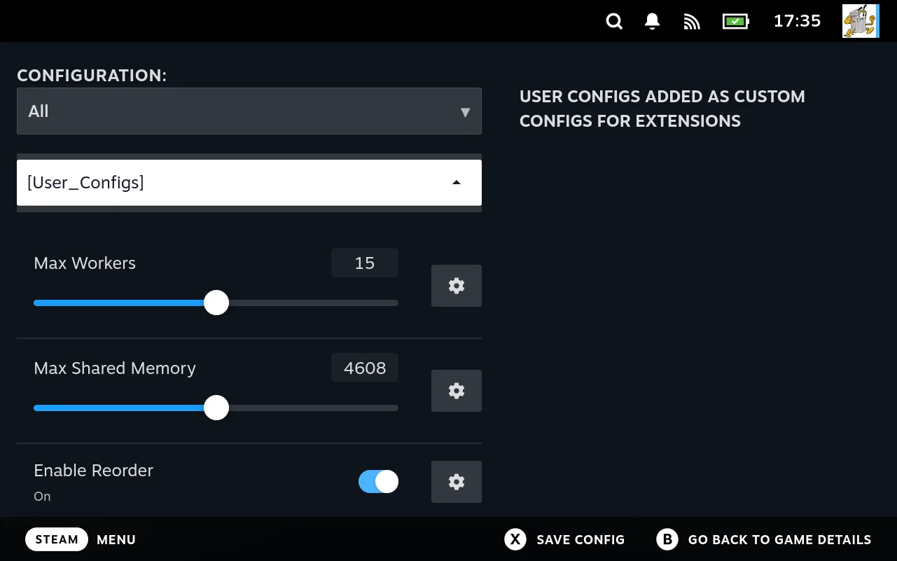 The User_Configs section of a game's configuration, showing Max Workers and Max Shared Memory as sliders with their current values beside them, and Enable Reorder as a toggle.