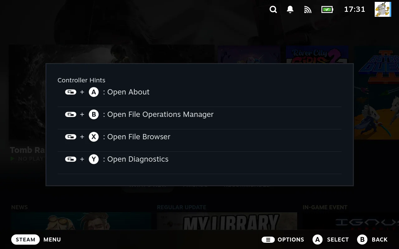 The controller hints sheet, listing SELECT plus A, B, X and Y against the tool each opens.