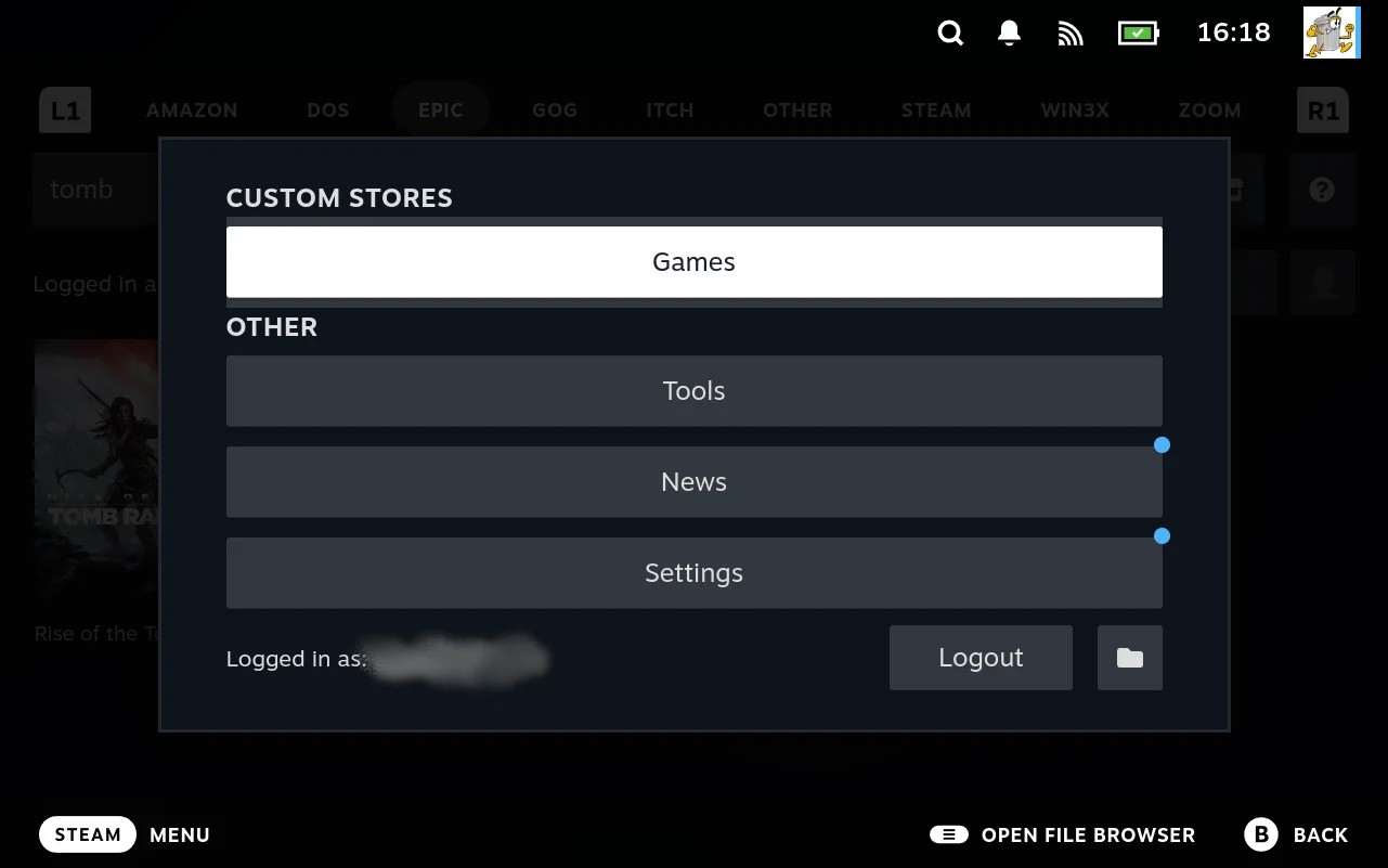The SELECT side menu, listing Games, Tools, News and Settings.