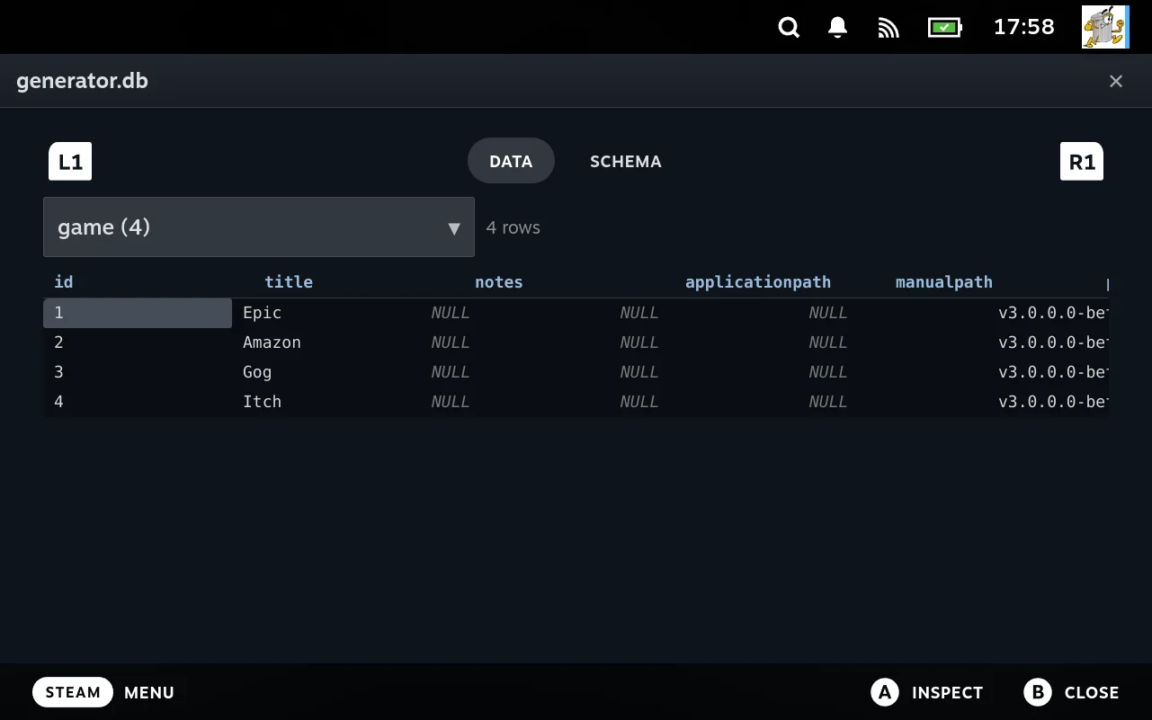 The SQLite viewer showing a table's rows.