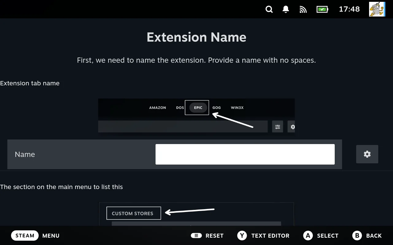 The wizard's first step, showing annotated pictures of where the name will appear.