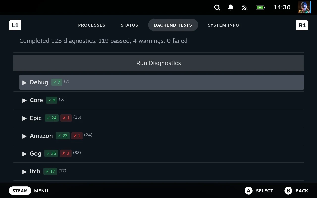 Backend Tests after a run, with a summary line and collapsed groups for Debug, Core and each installed store, each showing its pass and warning counts.