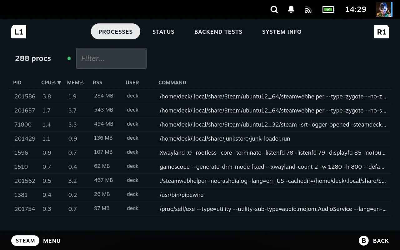 The Processes tab, with a running count, a filter box, and a table of PID, CPU, memory and the full command for each process.