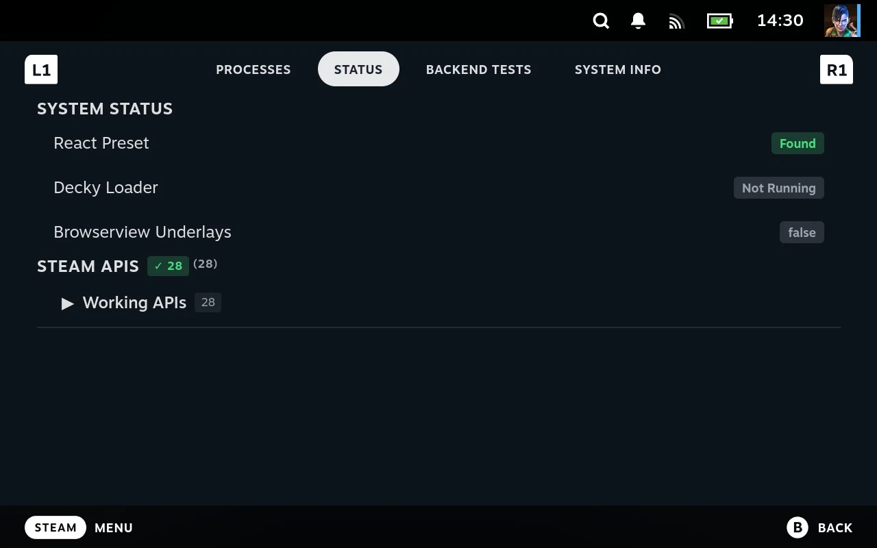 The Status tab, each piece listed with a result beside it, and a collapsed Steam APIs group showing a count.