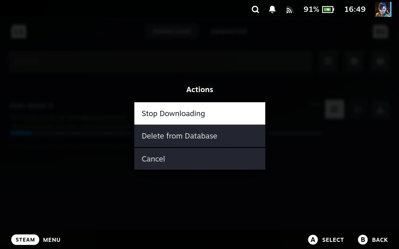 The menu on a single download, offering Stop Downloading and Delete from Database.