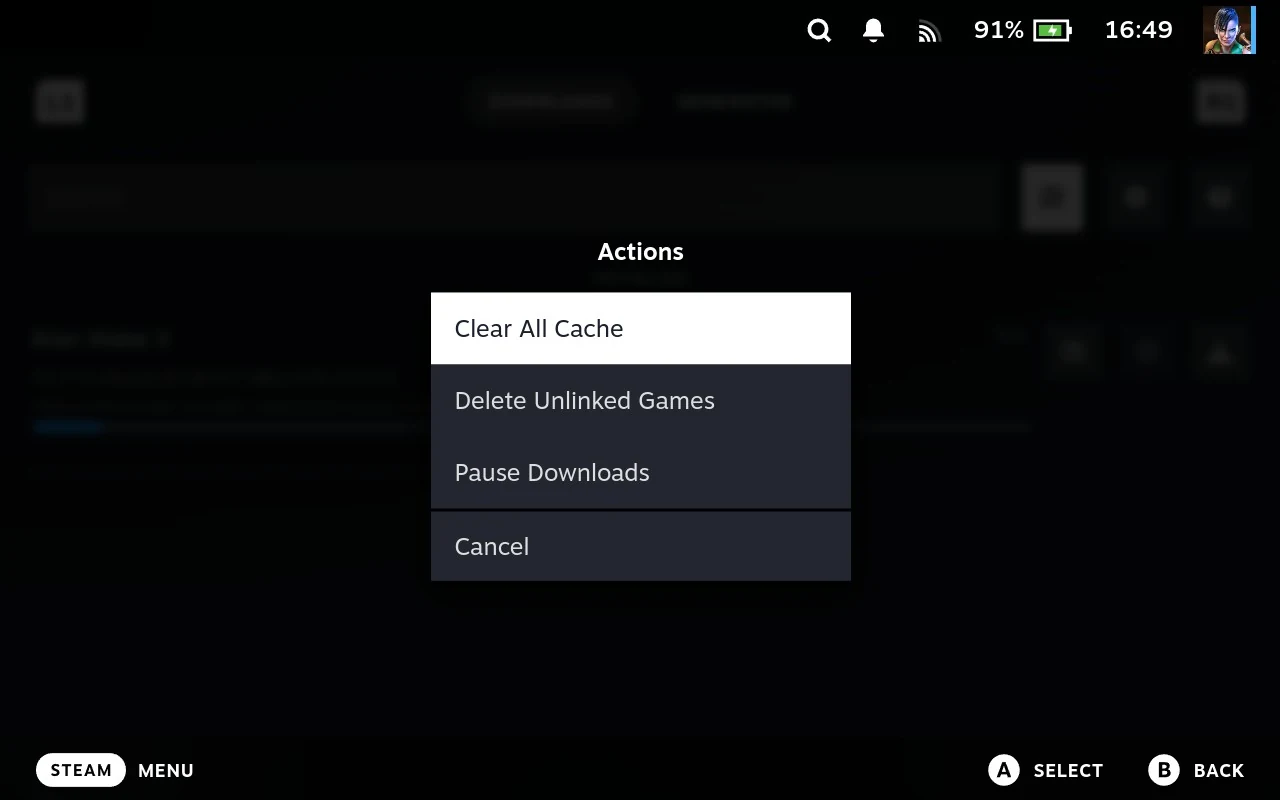 The tab's actions menu, offering Clear All Cache, Delete Unlinked Games and Pause Downloads.