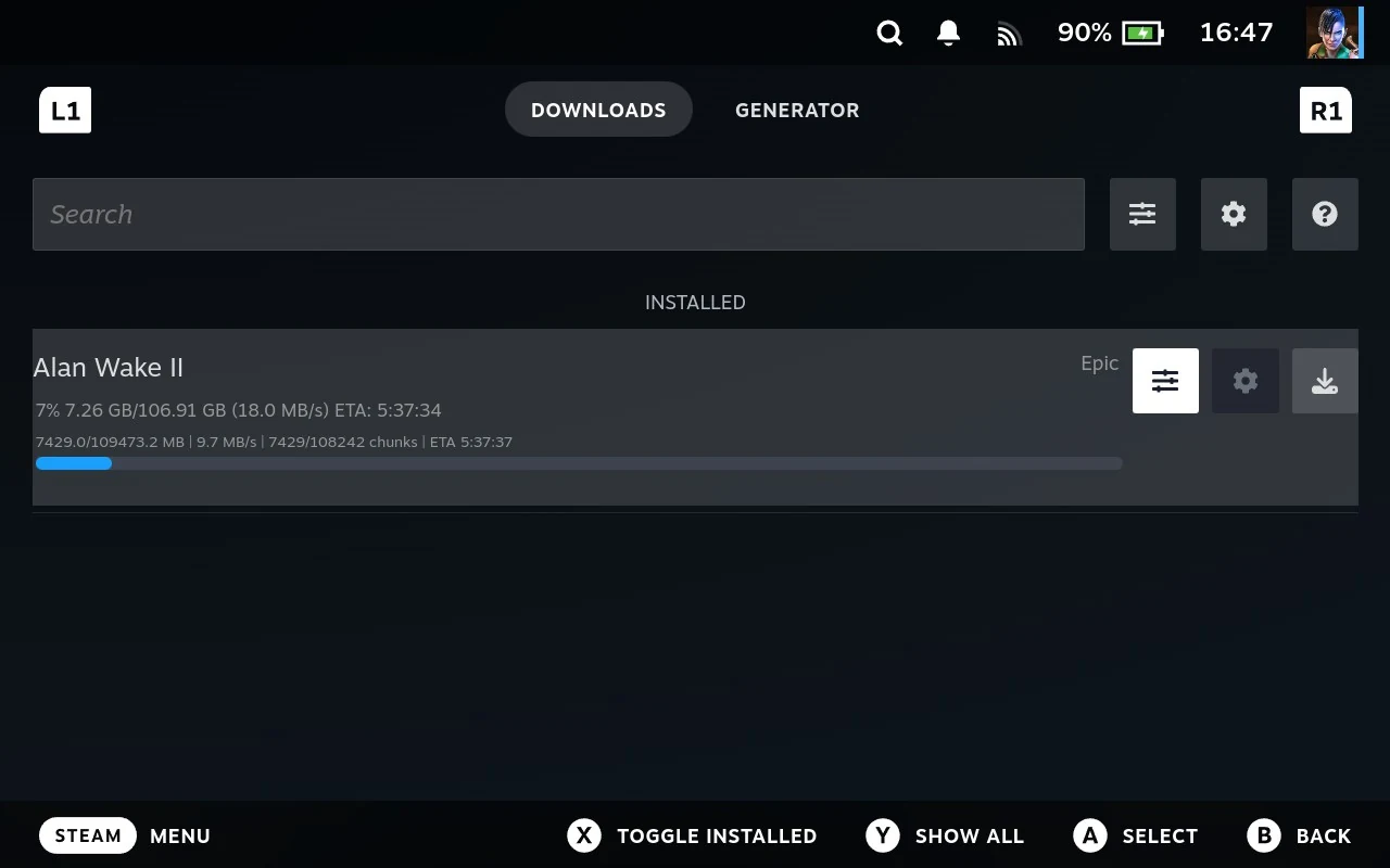 The Downloads tab with a game downloading, showing the amount transferred, the rate and an estimated time.