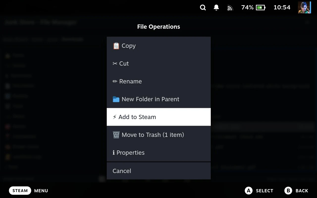 The File Operations menu with Add to Steam highlighted.