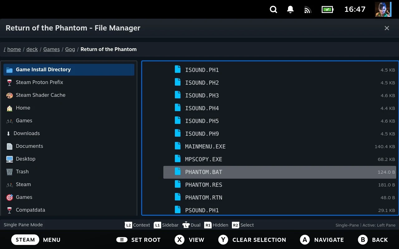 A DOS game's folder with its `.bat` file sitting among the game's own files.