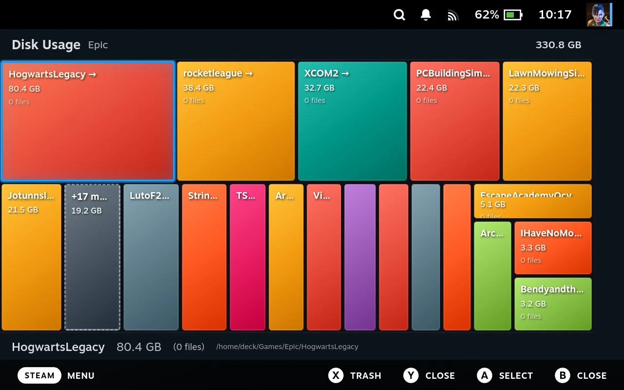 Disk Usage as a treemap, each game a rectangle sized by how much space it uses, with the folder's total in the corner.