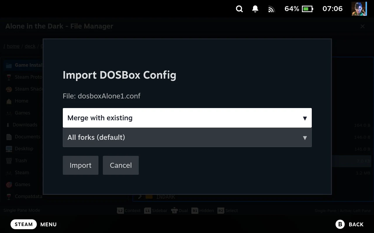 The Import DOSBox Config dialogue, naming the file, with a dropdown for how to combine it and another for which DOSBox fork it applies to.