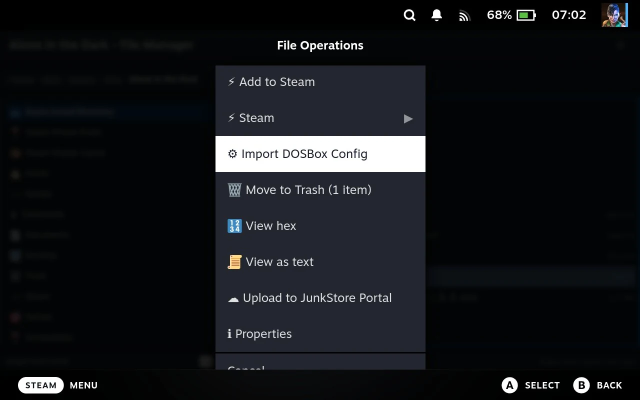 The File Operations menu on a conf file, with Import DOSBox Config among the entries.