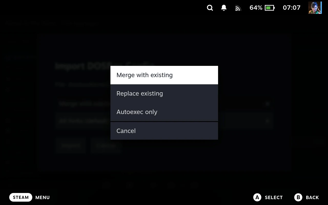The strategy dropdown open, offering Merge with existing, Replace existing and Autoexec only.