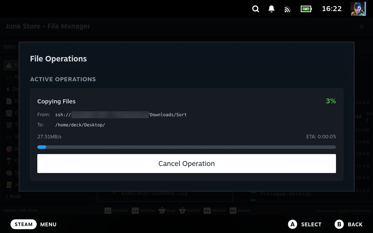 The File Operations panel during an SSH copy, showing where the files are coming from and going to, the rate, an estimated time and a Cancel Operation button.