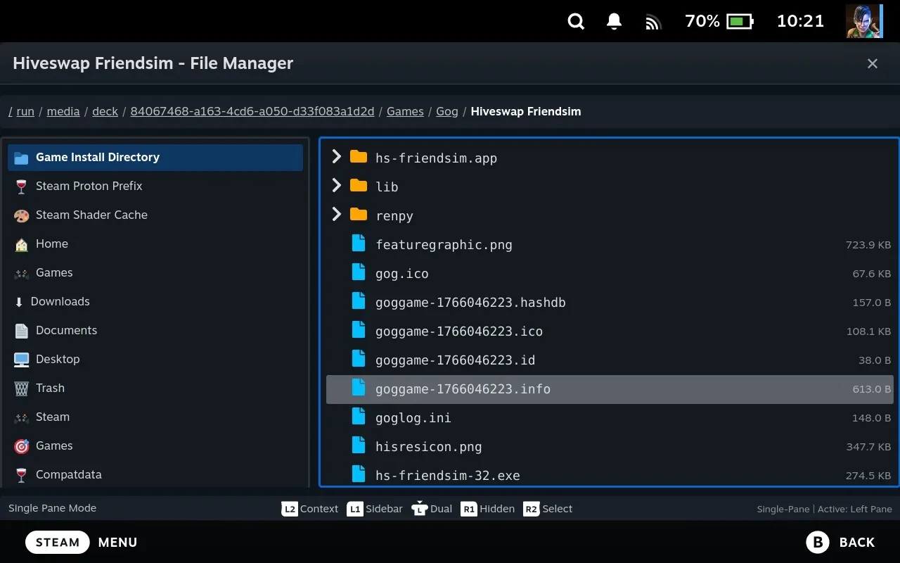 The File Manager opened from a game, titled with the game's name, its install directory, Proton prefix and shader cache at the top of the sidebar.