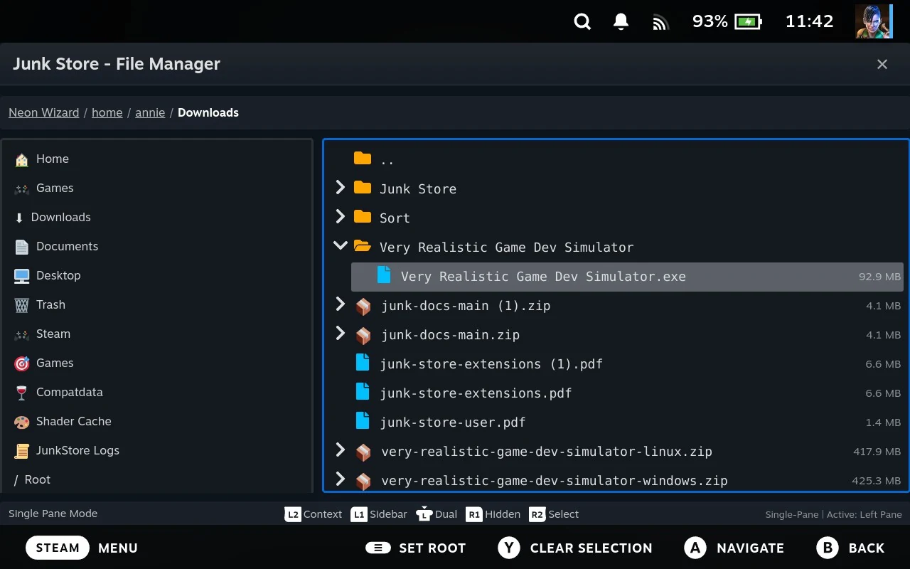 The game's folder in the File Manager, with its executable focused among the other downloads.