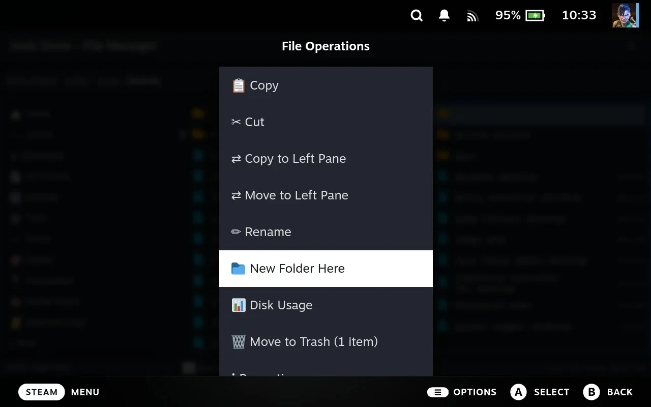 The File Operations menu: Copy, Cut, Copy and Move to the other pane, Rename, New Folder Here, Disk Usage, and Move to Trash.